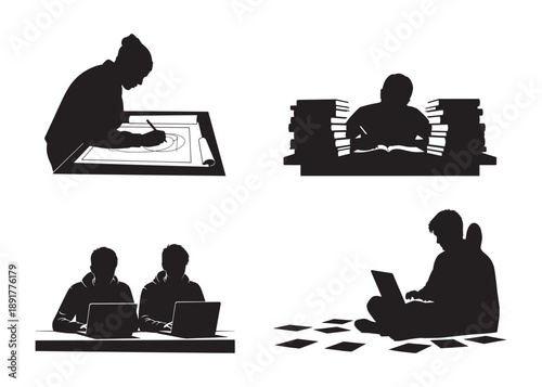 4 studying people working silhouettes set with students reading writing and learning scenes vector illustration