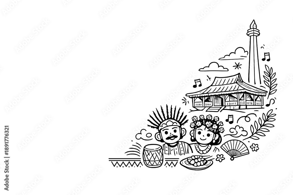 Obraz premium Indonesian Culture Doodle Illustration - Monas Tower, Traditional House, Couple, Gamelan, Food and Fan Line Art Vector