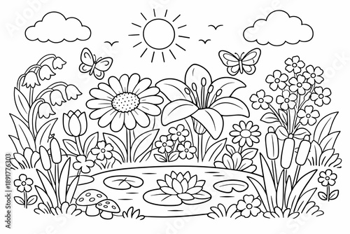 Flower garden coloring page line art illustration with pond, butterflies and plants for kids and adults