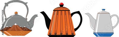 Vector illustration set of decorative teapots and kettles featuring mountain landscape design orange art deco patterns and classic silver metallic finish on white background