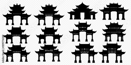 Set of traditional Chinese and Japanese gate silhouettes, featuring various architectural styles for temples and entrances.