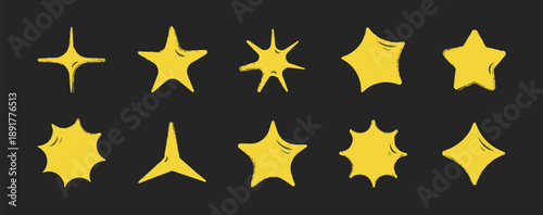 Star hand drawn crayon pencil sticker yellow vector set. Rough textured doodle stars in simple organic shapes. Elements for children, packaging, branding, decoration project