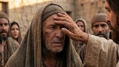 Jesus Christ healing a blind man with a touch, bright light symbolizes divine intervention and miraculous restoration of sight, religious concept.