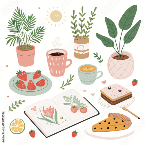 Flat vector illustration set of daily life objects and food on a table viewed from above in a cozy environment