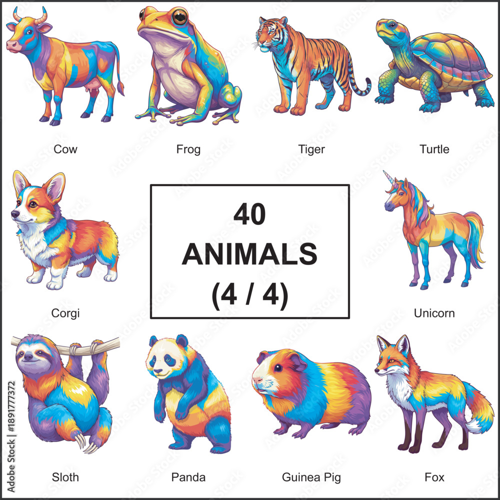 Naklejka premium Colorful cartoon animals with labels: cow, frog, tiger, turtle, corgi, unicorn, sloth, panda, guinea pig, fox – kids learning poster