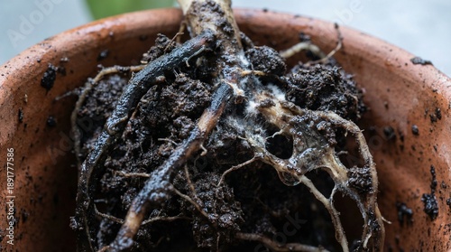 Close-up of root rot on potted plant  
