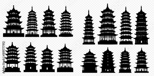 Collection of traditional Asian pagoda silhouettes, ancient temple architecture in black vector illustration.