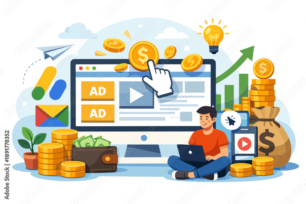 Fototapeta premium Online advertising monetization and digital marketing illustration
