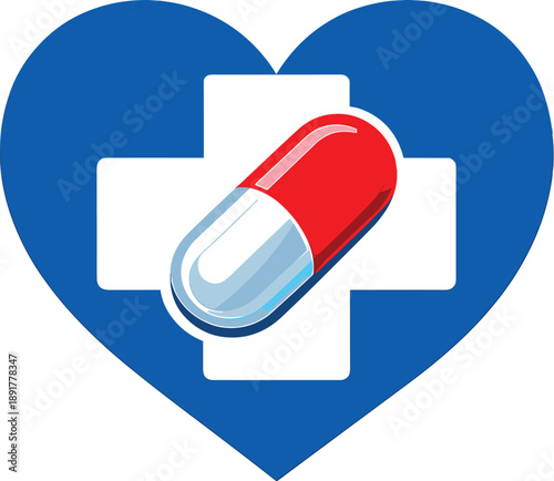 Heart Medical Cross with Capsule Pill Logo - Healthcare and Pharmacy Symbol Vector