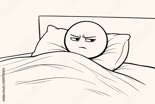 Minimal black and white line illustration of an angry or annoyed face lying in bed under a blanket. Concept of bad mood, insomnia, waking up tired, morning frustration, sleep problems or stress.