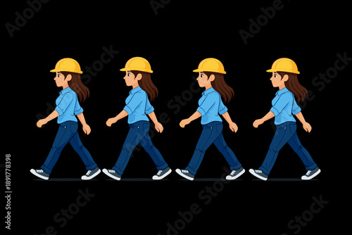 Side view sequence of a female construction worker wearing a safety helmet and uniform, shown in multiple walking poses. Character walk cycle animation frames isolated on black background.
