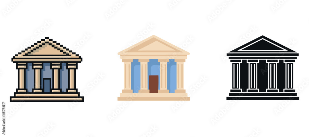 Naklejka premium Three iconic bank building designs in pixel, flat, and outline styles