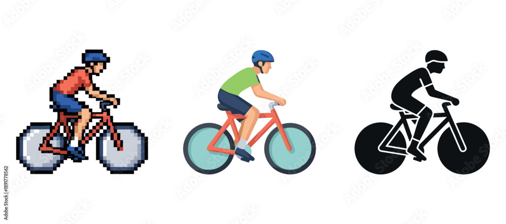 Obraz premium Bicycle illustrations: pixel art, flat design, silhouette of male cyclists