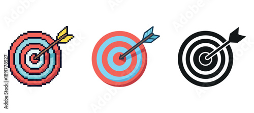 Three archery target styles: pixel art, colorful circle, minimalist monochrome