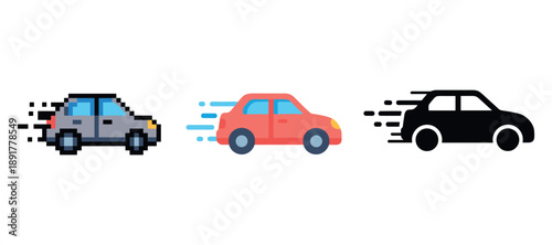 Pixel, cartoon, and silhouette cars displaying speed styles and motion
