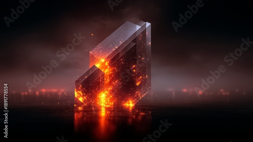 Large, fiery object is floating in the water. The image has a dark and ominous mood