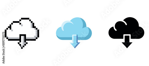 Three cloud download icons: pixelated, cartoon, silhouette style comparison