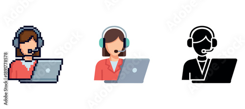 Illustrations of call center operators using laptops with headsets
