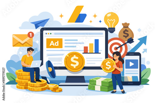 Digital marketing success concept: online ads, money growth, people earning from advertising, flat vector illustration