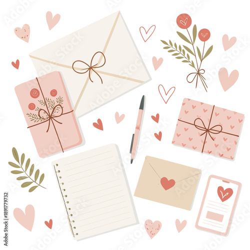 Romantic stationery and gift set with hearts, flowers, and envelopes, depicted in a flat vector illustration, conveying love and affection.