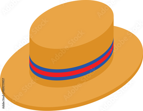 Stylish yellow boater hat with red and blue ribbon, perfect for summer outings and adding a touch of elegance