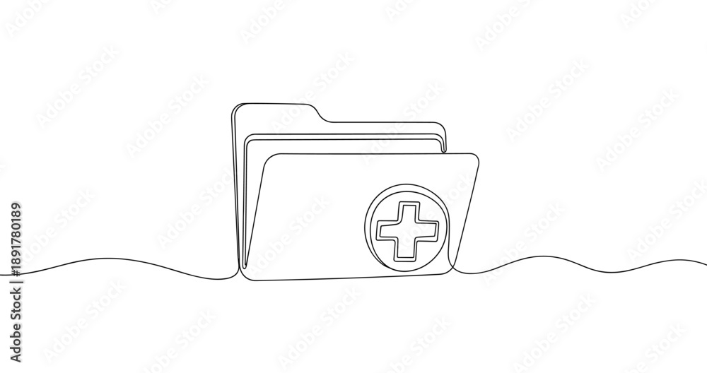 Obraz premium Continuous line drawing of medical folder with health cross symbol. No editable stroke