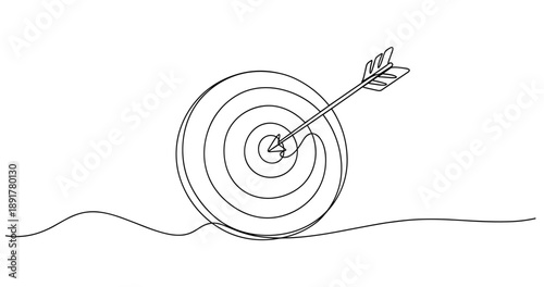 Hand-drawn arrow hitting target bullseye in continuous line art. No editable stroke
