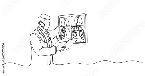 Male doctor analyzing chest x-rays with stethoscope line art illustration. No editable stroke