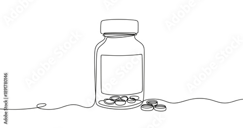 Continuous line drawing: medicine bottle with pills on minimalist background. No editable stroke