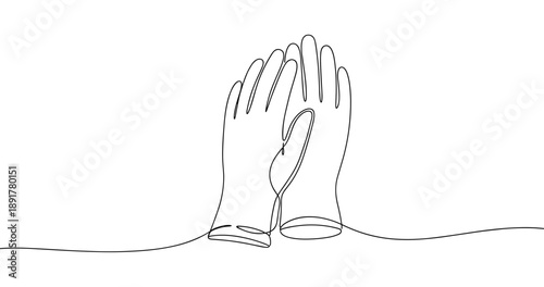 Continuous line drawing of overlapping gloves on white background. No editable stroke