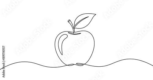 Simple continuous line drawing of an apple with leaf. No editable stroke