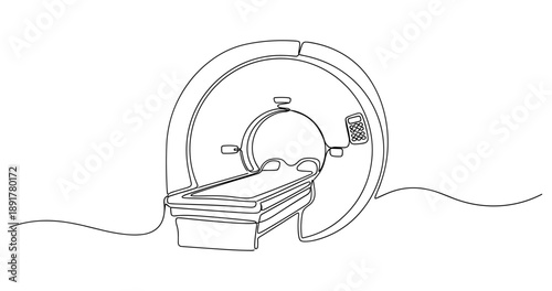Minimalist line art of mri machine in medical setting. No editable stroke
