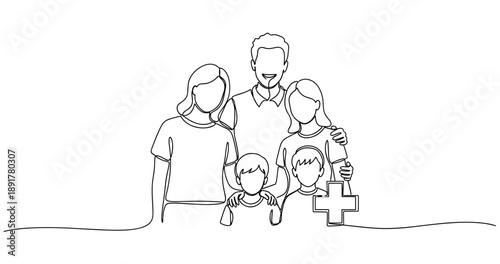 Family healthcare concept: line drawing of diverse adults and children with medical symbol. No editable stroke