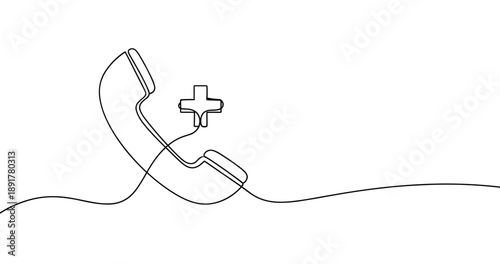 Minimalistic line art of a phone with medical cross symbol on white background. No editable stroke