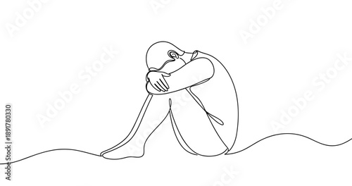 Minimalist line art of sad pensive person sitting alone. No editable stroke