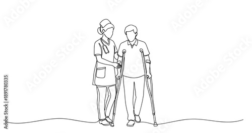 Female nurse assisting elderly male with crutches line art. No editable stroke