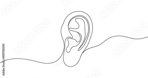 Minimalist continuous line drawing of a human ear on white background. No editable stroke