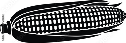 Black and white corn on the cob silhouette, organic vegetable maize ear icon for agriculture, healthy food, and farm harvest.