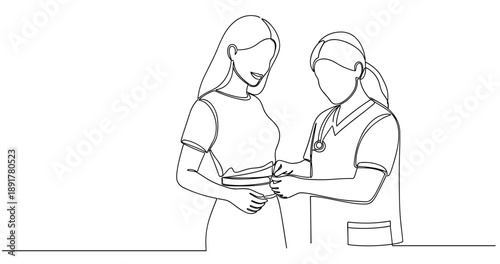 Line art of female doctor measuring waist of female patient for health check. No editable stroke