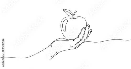Minimalist line art of a hand holding an apple drawing. No editable stroke