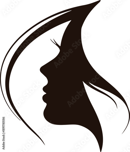 Elegant black silhouette of a female face profile with flowing hair, minimalist line art for beauty salon, hair styling, and spa.