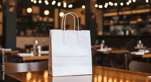 Restaurant logo mockup White Paper Shopping Bag on a Table in a Restaurant with Soft Bokeh Lights paper bag take