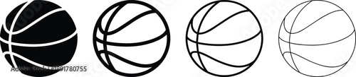 Basketball icon set featuring four different line weights from solid black silhouette to thin outline for sports design and competition.