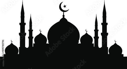 Black mosque silhouette with domes and minarets featuring a crescent moon and star for Islamic religious holidays, Ramadan, and Eid.