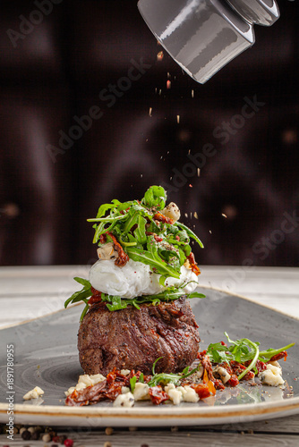 Gourmet Beef Steak With Burrata And Arugula
