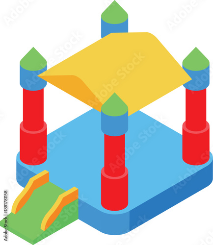 Isometric bouncy castle with towers and a slide, perfect for children's parties and outdoor events, offering active fun
