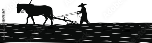Black silhouette of a farmer in a hat plowing a field with a horse using a traditional wooden plow tool