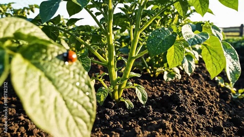 Close-up of potato plants growing in rich soil under sunlight