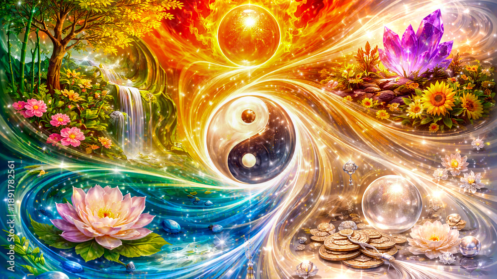 Fototapeta premium Yin Yang of the five elements: Water, Fire, Earth, and Air, Feng Shui