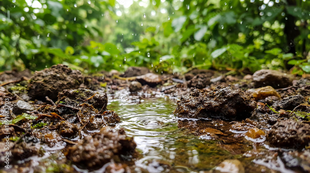 Fototapeta premium Close up low angle view of fresh water droplets falling on dark soil and puddles in a lush green forest setting